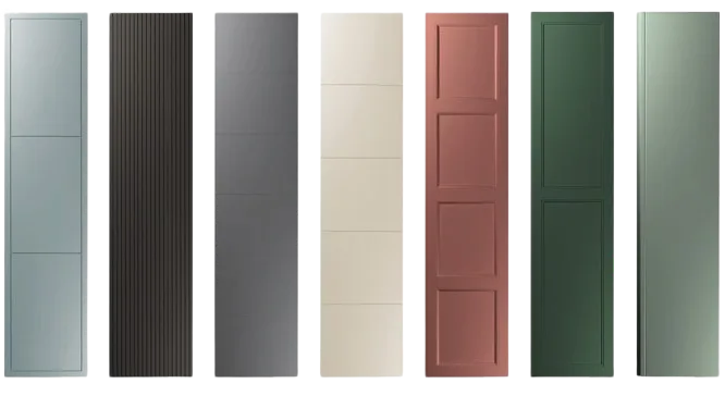 A series of doors with different colors on them.